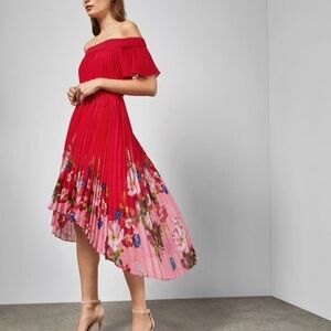 Ted Baker Berry Sundae Bardot Dress Red Floral Pleated NWT Size 3‎